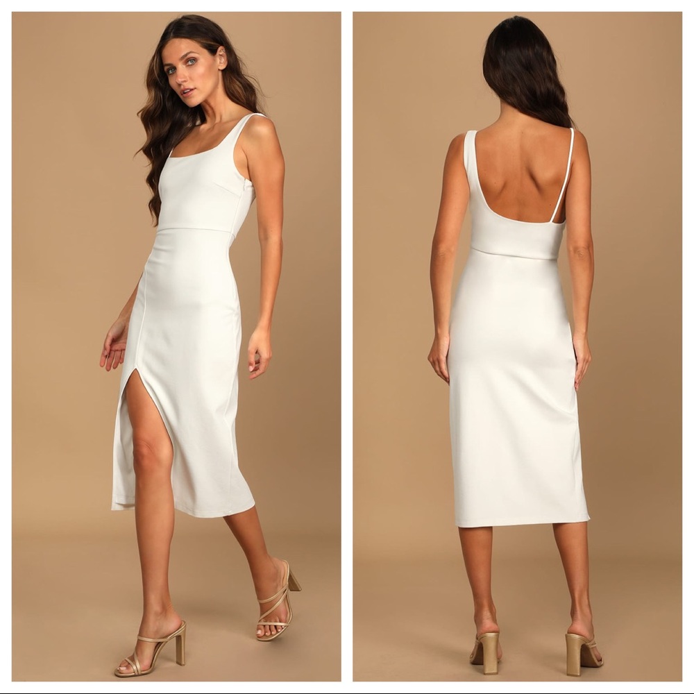 Lulu’s Perfect for Partying White Asymmetrical Midi Dress L